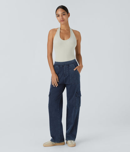 Mid Rise Multi Pockets Straight Leg Stretch Casual Cargo Jeans
