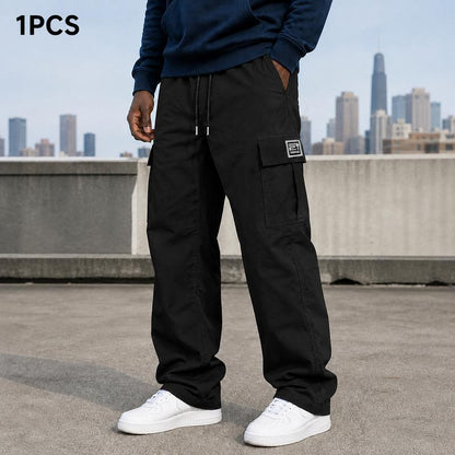 Men's cargo pants, solid-color casual loose-fit cargo trousers