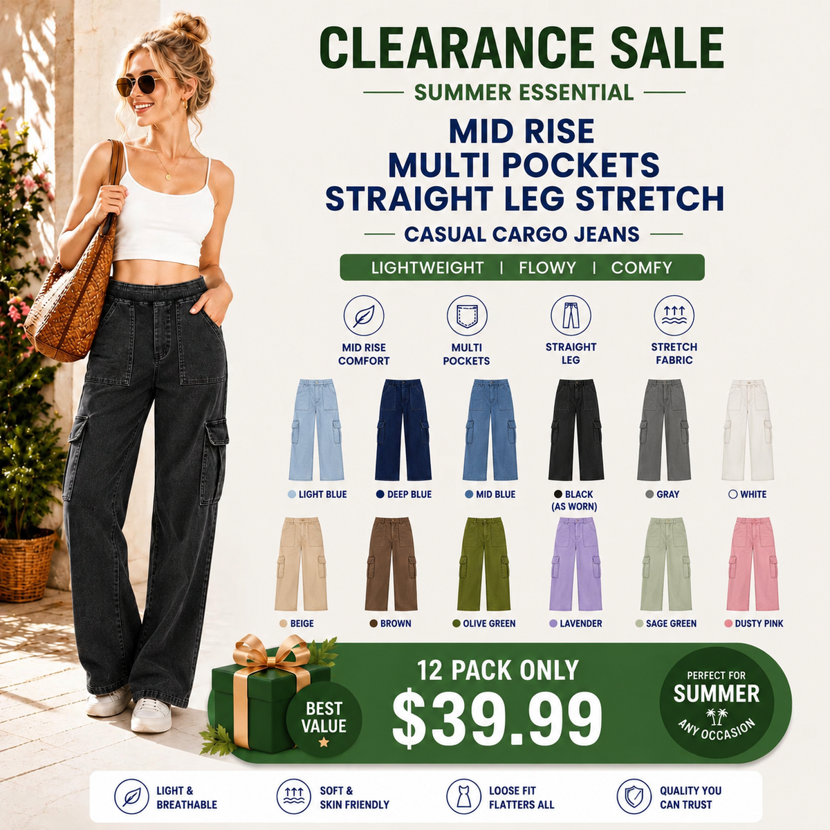 Mid Rise Multi Pockets Straight Leg Stretch Casual Cargo Jeans